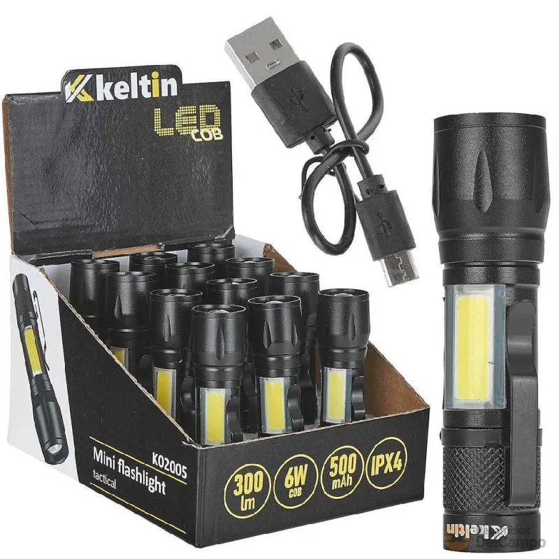 @ caja expositora de 12 mini-linternas tacticas led cob 10 w.- 500 mah. -300 lumens con cargador usb-c