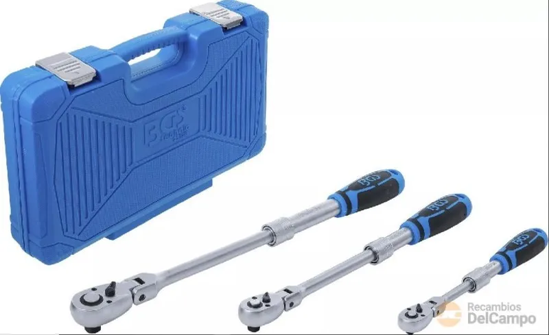 Estuche 3 carracas reversibles extensibles y articuladas 180º - 72 d. (1/4" + 3/8" + 1/2") con mango bicomponente