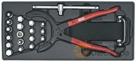 @ estuche de mordaza de filtro de aceite ø 54 - 108 mm.+llave de correa 3/8" y 1/2" +18 llaves para tapon de carter + mango corredizo 3/8"