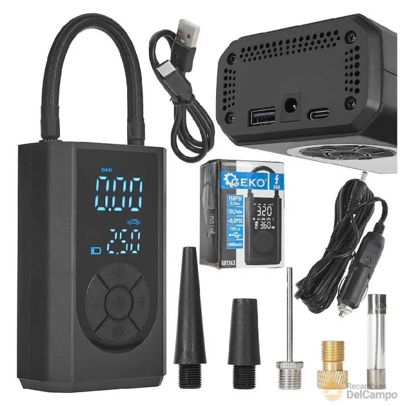 @ mini-compresor de aire portatil recargable.con luz led - 4.000 mah. 7,4 v/cc 12v.- 150 psi/ 10,34 bar. - 25 l./min. + 6 accesorios