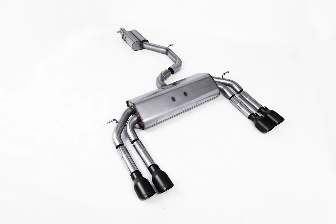 Milltek Cat-back Non-Valved Race System. Resonated (quieter). Quad Round Cerakote Black Tips SSXAU546 – Audi S3 2.0 TFSI quattro Saloon & Cabrio 8V/8V.2 (Non-GPF Equipped Models Only)