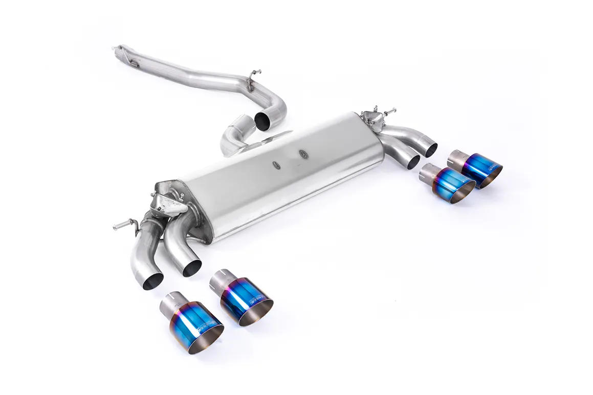 Milltek Cat-back GPF Back – Non-resonated (louder). Quad Round Burnt Titanium Tips SSXAU772 – Audi S3 2.0 TFSI quattro 3-Door 8V.2 (GPF Equipped Models Only)