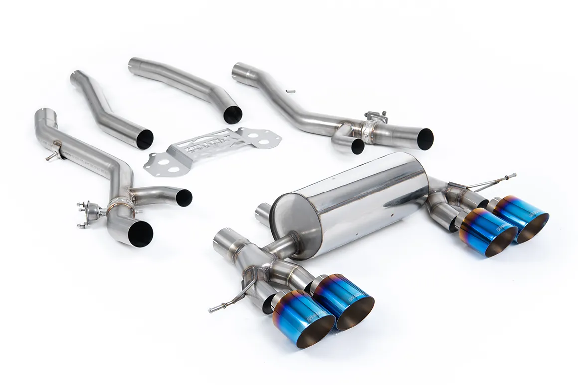 Milltek Secondary Cat-back Secondary Cat Back System with Centre Resonator Bypass & GT-115 Burnt/Blue Titanium Trim SSXBM1320 – BMW 3 Series G80 M3 & M3 Competition S58 3.0 Turbo (North American / ROW Non-OPF/GPF Cars Only)